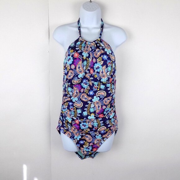 Liz Claiborne One piece Swimsuit Size 12 Paisley Print Blue Multi color - Picture 1 of 7